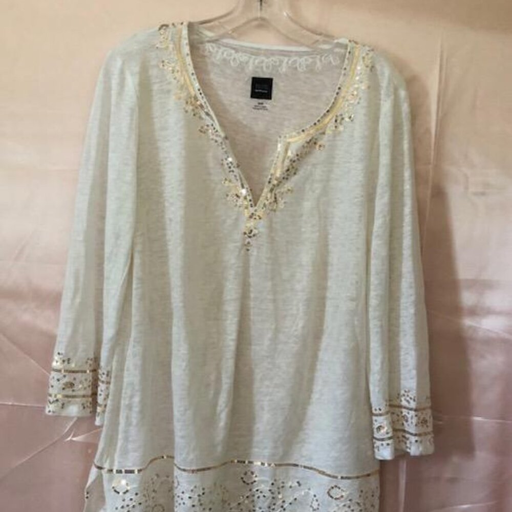 Saks Fifth Ave Women's Sequin Linen Tunic US Size Medium, Sheer Off White
